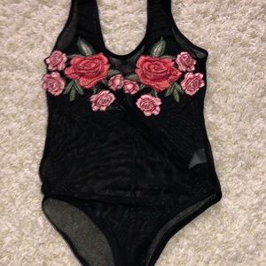 Mesh Embroidered Rose Body Suit